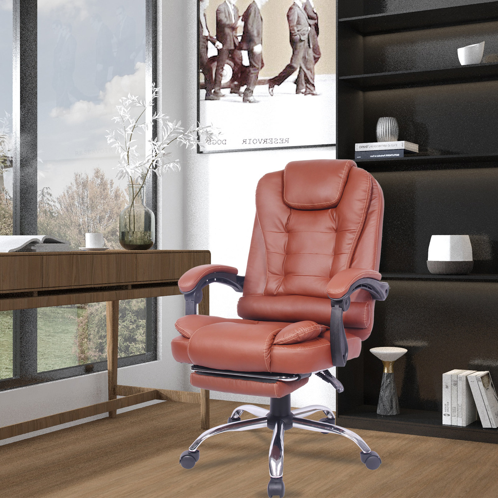 Ergonomic Bonded Leather Computer Chair with Adjustable Tilt Tension Padded Armrests Red Barrel Studio Upholstery Color: Dark Brown