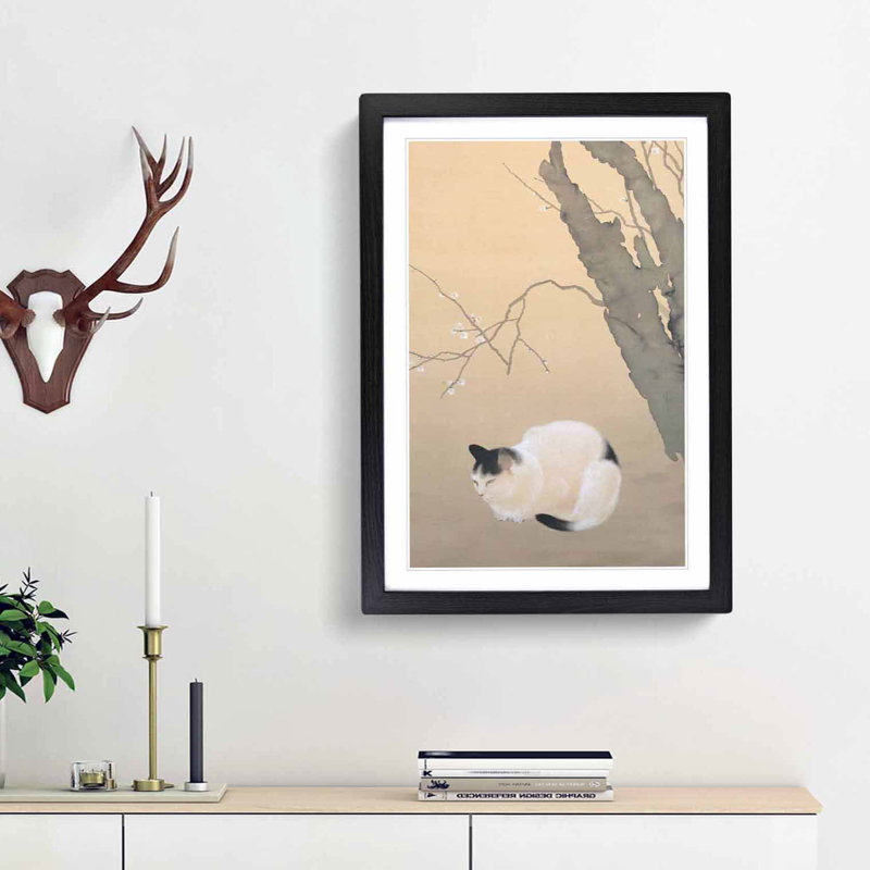 Cat and Plum Blossoms by Hishida Shunso - Picture Frame Painting Print, 65cm H x 48cm W x 2cm D, Black Framed
