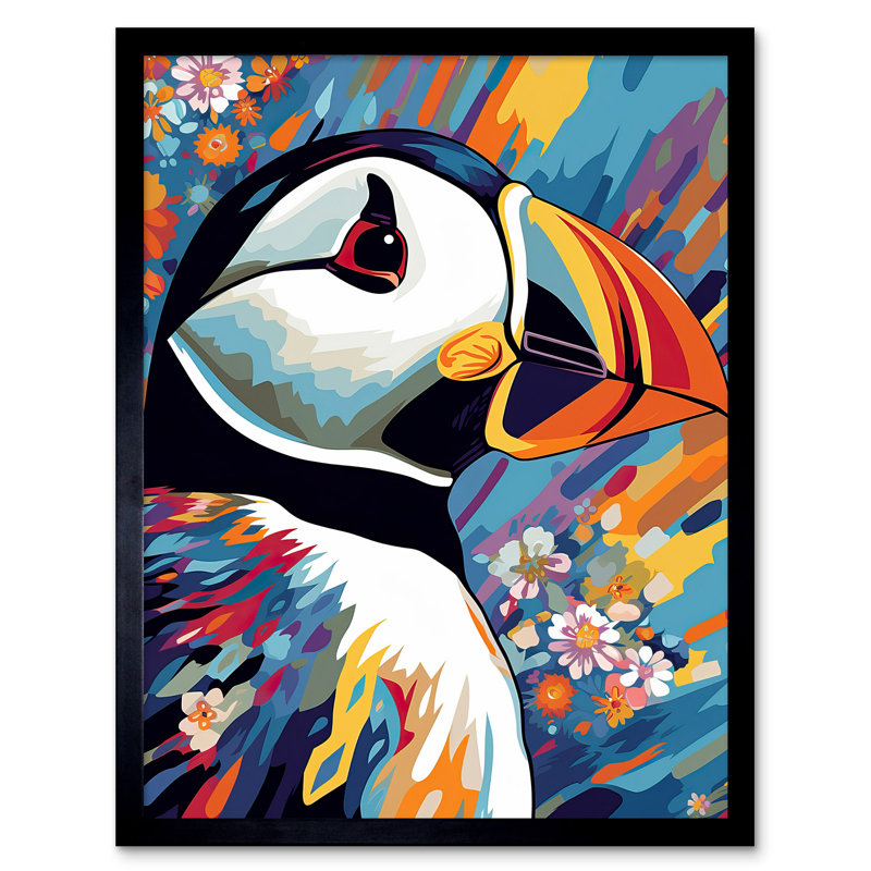 Alekh Puffin And Flowers Vibrant Colour Psychedelic Sea Bird - Single Picture Frame Print