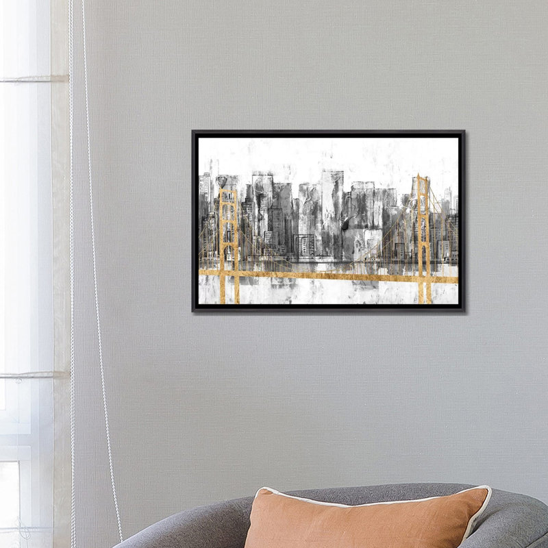 « Golden Bridge panorama » par Jennifer Goldberger-impression, Toile avec cadre noir patiné, H 18 po x l 26 po x P 1,5 po