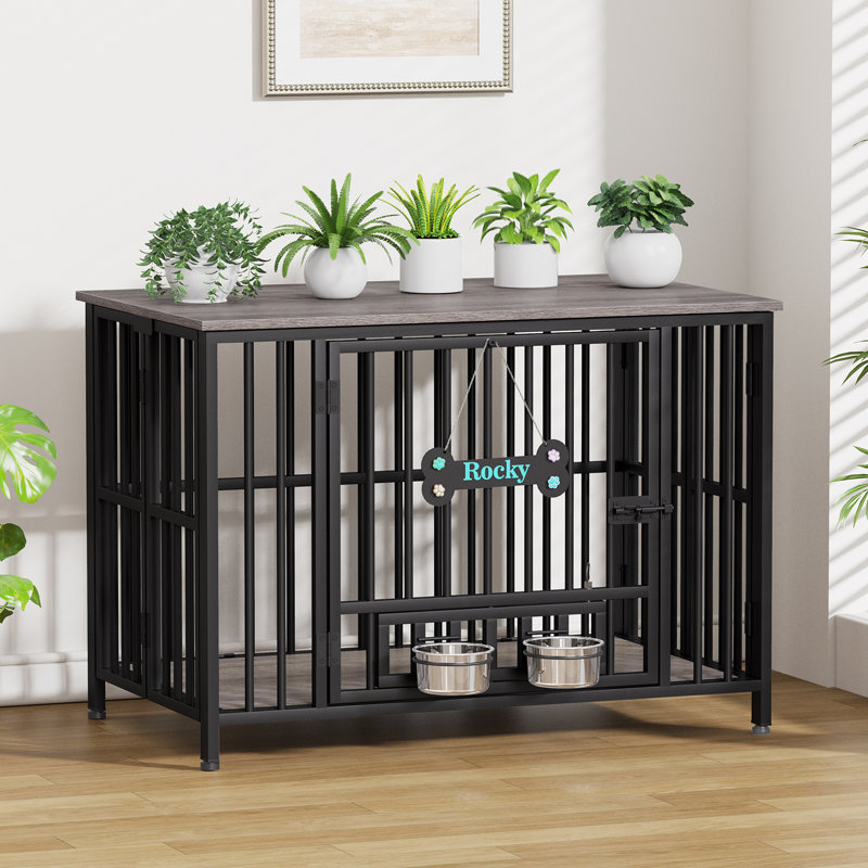 Large Foldable Dog Crate Furniture, Assembly-Free Dog Crate With Adjustable Bowls And Name Tag For Small, Medium, Large Dog