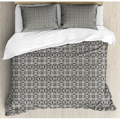 Ambesonne Moroccan Duvet Cover Set, Monochrome Abstract Floral, Ivory Dark Taupe -  nev_113008_queen