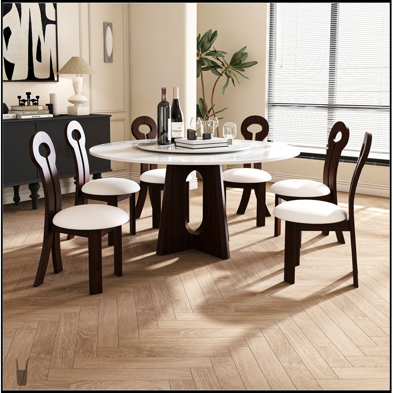 Table de salle à manger moderne en pierre frittée moderne avec base en noyer massif, conception en croix robuste pour 6 à 8 personnes (avec 6 chaises)