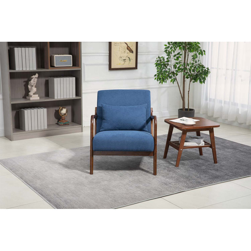 Mid Century Modern Accent Chair With Wood Frame, Upholstered Living Room Chairs With Waist Cushion, Reading Armchair For Bedroom Sunroom