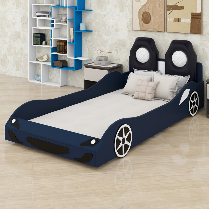 Platform Bed with Comfortable Upholstered Backrest, Blue