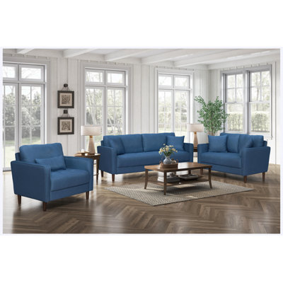 Contemporary Blue Fabric Upholstered 3-Seater Sofa with Plush Tufted Cushions, Living Room Furniture
