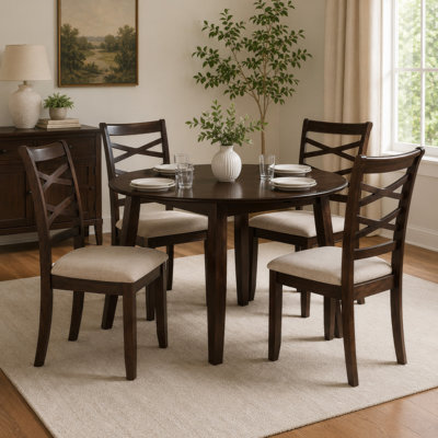 Baron 5pc Round Dining Table Set with 4 Chairs, 2 Drop Leaves, Brown