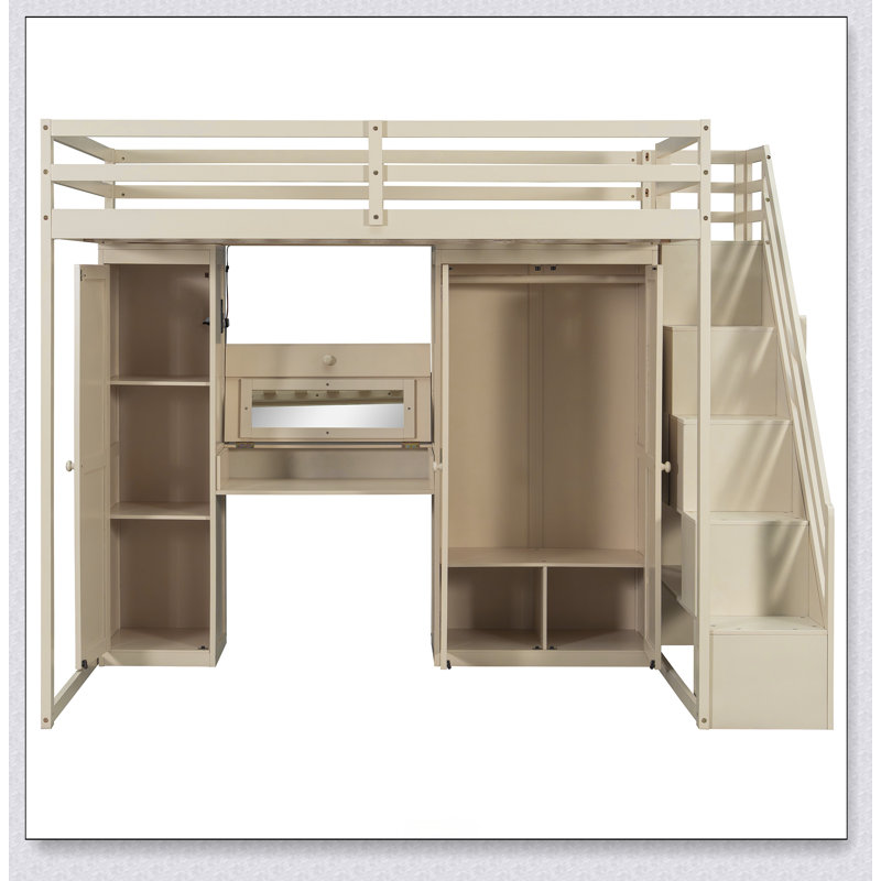 Loft Bed With Storage Staircase,Built-In Dressing Table With Mirror And Drawer, Wardrobe & Cabinets, USB Charging Ports And Lights