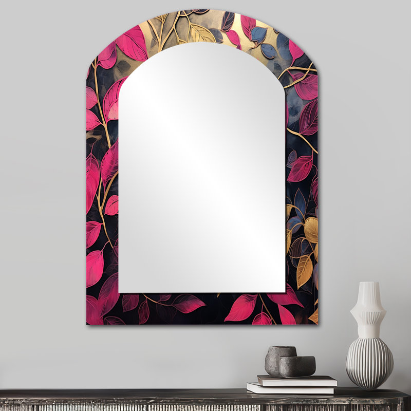 Or et rose feuille charme en hiver - feuilles grand miroir asymétrique, miroir mural décoratif arche traditionnelle, impression d'art en métal