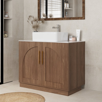 Ensemble de meuble-lavabo autoportant 36 po avec plateau en pierre frittée, armoire de salle de bain à tablette réglable et lavabo vasque en céramique 36 po