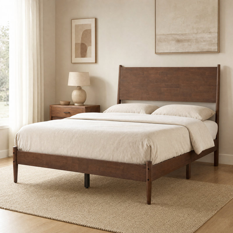Wood Platform Bed Frame with Angled Headboard and Tapered Legs, Queen, Walnut