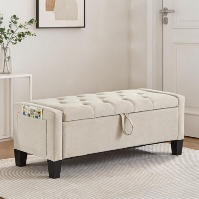 Banc de rangement à 2 places avec repose-pieds et chambre à coucher en lin beige doux 45 pouces avec une capacité de poids de 350 lb
