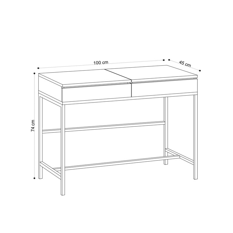 Modern Make-Up Table with Metal Legs, Oak & Black Finish, 39.4 x 17.7 x 17.7 inches | 100% Melamine Coated Particle Board, 0.7 inches Thick | Wall-Mountable Design with Multiple Shelves, Perfect for Elegant Spaces