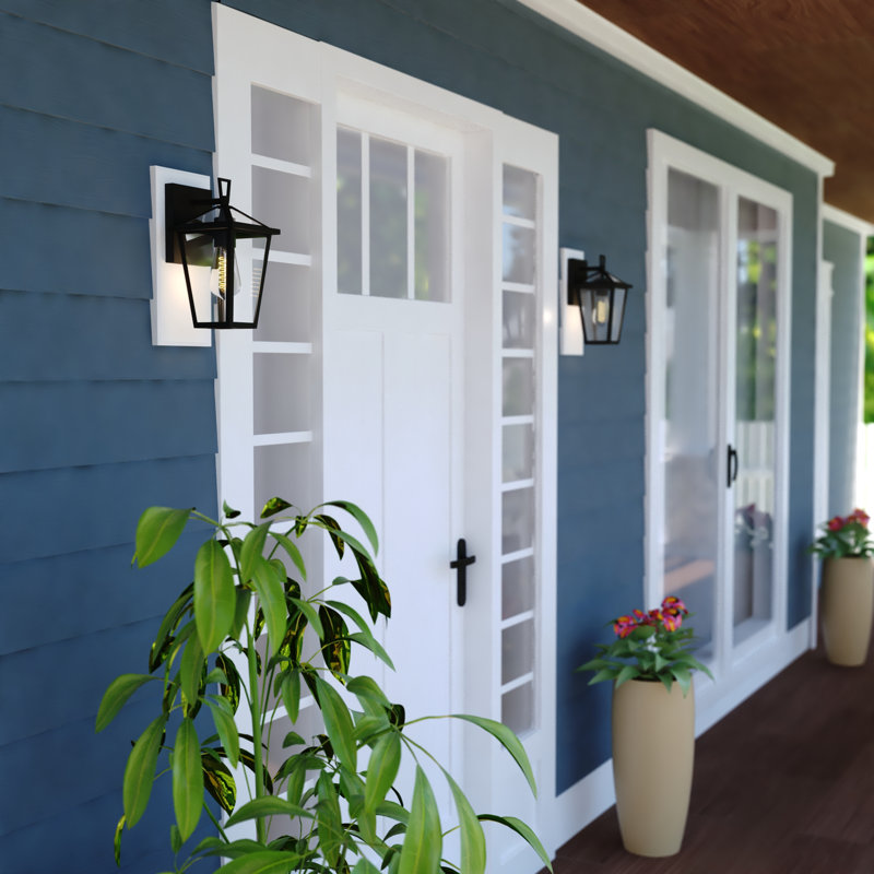 Applique murale d'extérieur 1 lumière noire matte à l'aube avec capteur de lumière H 11,25 po Tenli, métal durable, abat-jour en verre transparent, compatible avec les DEL pour porte de patio ou de garage