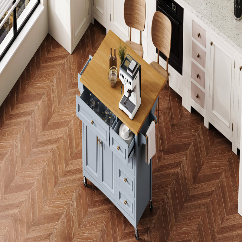 Îlot de cuisine 52 po avec abattant, îlot de cuisine à texture gaufrée sur roulettes avec porte-épices, porte-serviettes, 2 portes et 5 tiroirs, chariot de rangement avec tablette réglable pour la cuisine, bleu gris