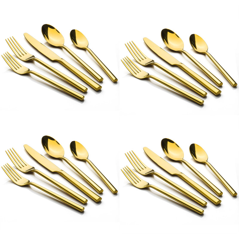 Ensemble de couverts 20 pièces en acier inoxydable forgé doré avec ustensiles de service pour 4