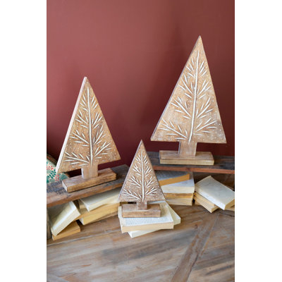  Set of Three Carved Wooden Christmas Trees on Stands – Natural with Gold Detail