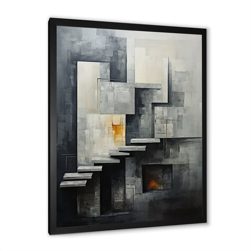 Décoration murale abstraite escalier argenté I - Formes abstraites, Cadre simple noir, H 44 po x l 34 po x P 1,5 po