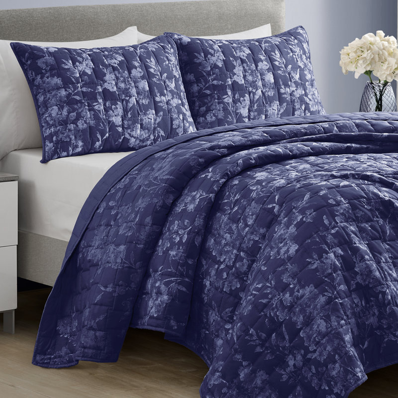 Face: Synthestic, Back:Synthestic,fill:100% PolYester Floral Quilt, Full/Queen Quilt + 2 Standard Shams, Deep Navy Blue