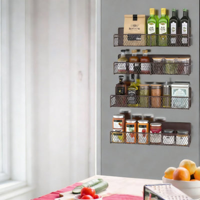 Magnetic Spice Rack Organizer For Refrigerator, 4-Pack Strong Magnet Storage Shelves With No Drilling Installation, Space Saving Kitchen Laundry Room Metal Spice Holder