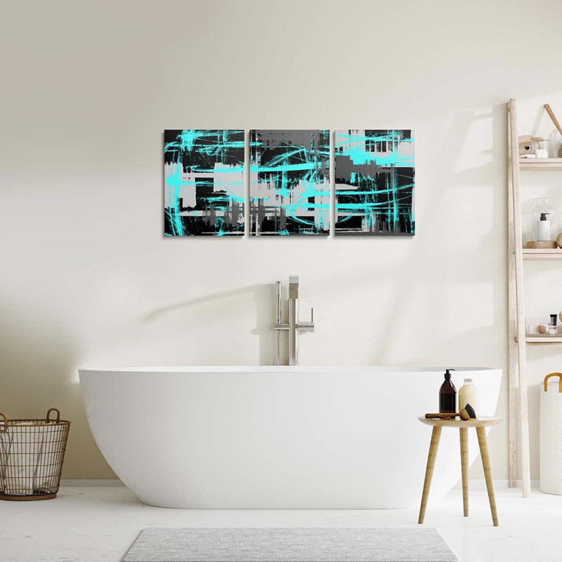 3 Piece Wrapped Canvas Wall Art, Teal/Black