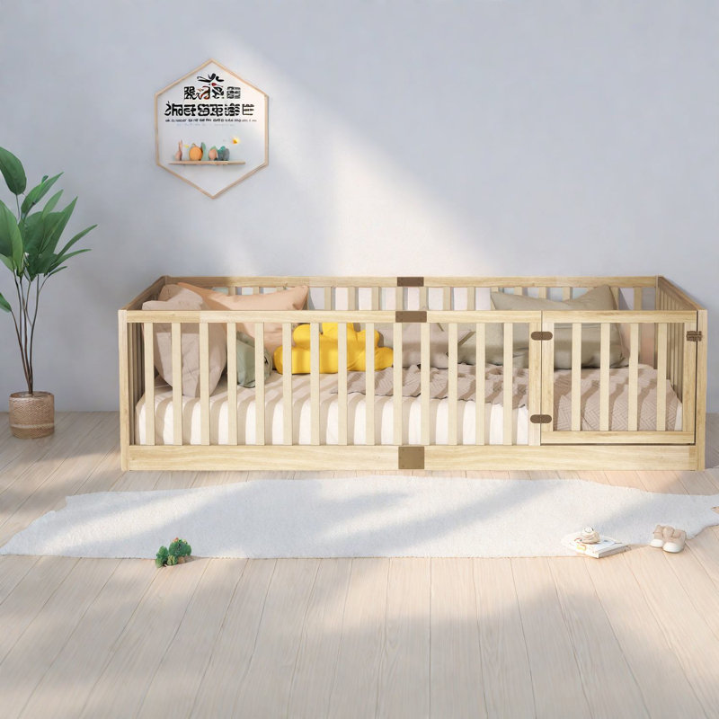 Lit de plancher en bois d'hévéa robuste avec clôture de sécurité, idéal pour les espaces compacts