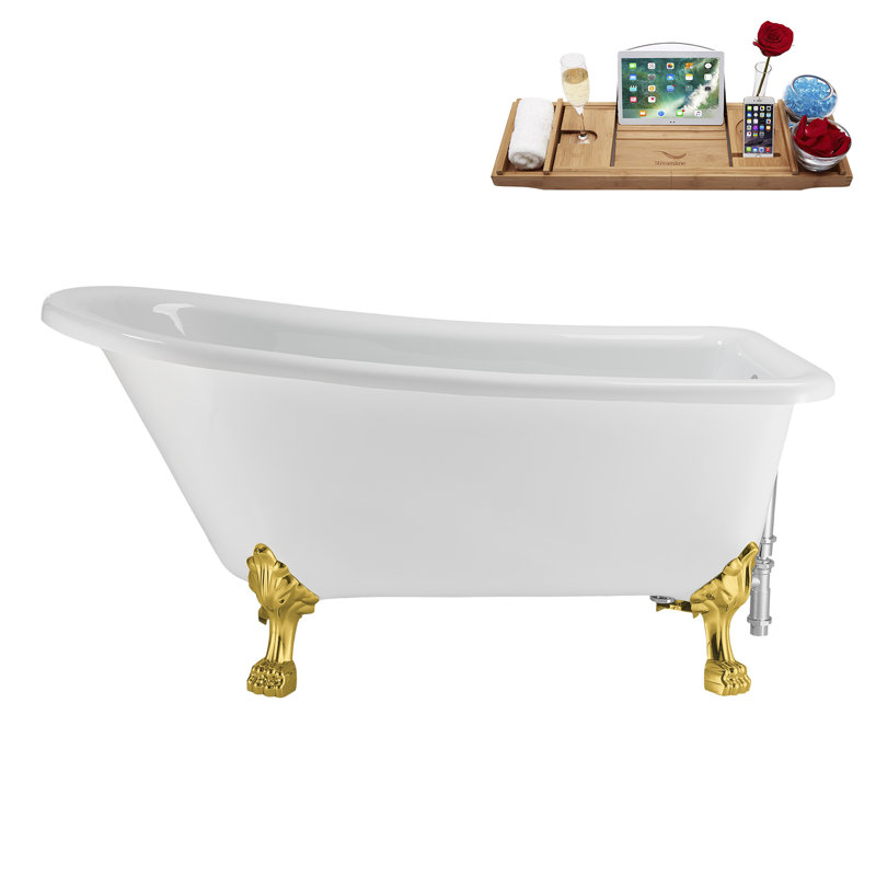 58" Streamlin Clawfoot Tub,Tray,Drain, Clawfeet, Polished Gold, Polished Chrome