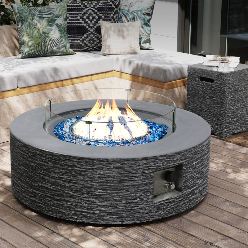  Foyer de table rond 42 pouces au gaz d'oxyde de magnésium, avec couvercle de réservoir et pare-vent, Gris, Rond