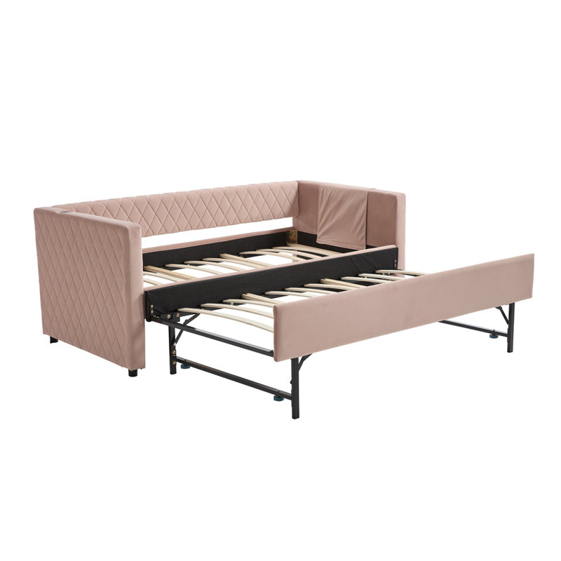 Velvet daybed, sturdy wooden bed frame, modern diamond grid pull-out design, perfect for bedroom, living room furniture, Pink
