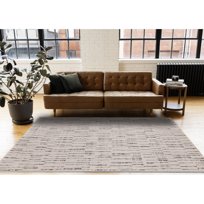 Tapis rayé blanc contemporain contemporain, 6 pi 7 po x 9 pi 6 po