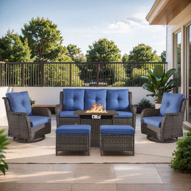 Wendye 6-Piece Outdoor Furniture Sofa Set With 2 Swivel Chairs, 2 Ottomans & 55K BTU Fire Pit Table, Brown, Blue
