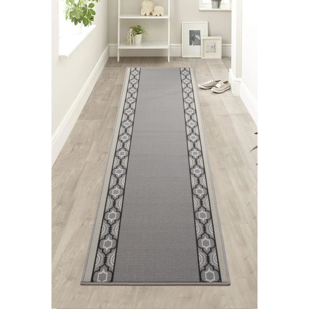 Moroccan Trellis Border Gray Low Pile Slip Resistant Runner Rugs Alcott Hill® Rug 