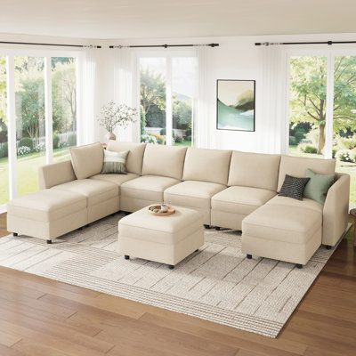 Tremee U Shaped Sectional Sofa Sleeper Sofa Couch With Storage Beige
