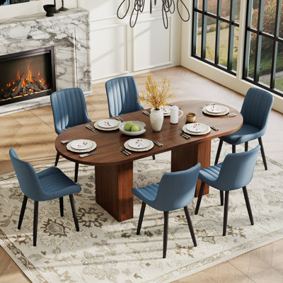 Ensemble de table de salle à manger ovale en bois aggloméré 62,99 "avec chaises en cuir de polyuréthane 4/6, base en bois à piédestal, sièges 4-6 pour la cuisine et la salle à manger