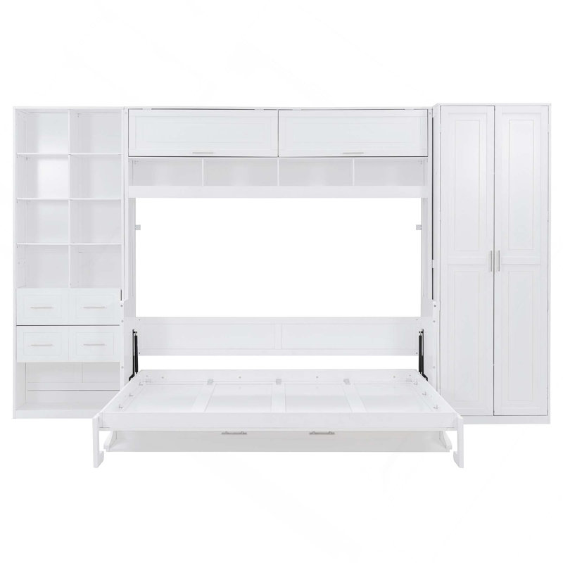 Grand lit escamotable mural avec placard, tiroirs de rangement et tablettes