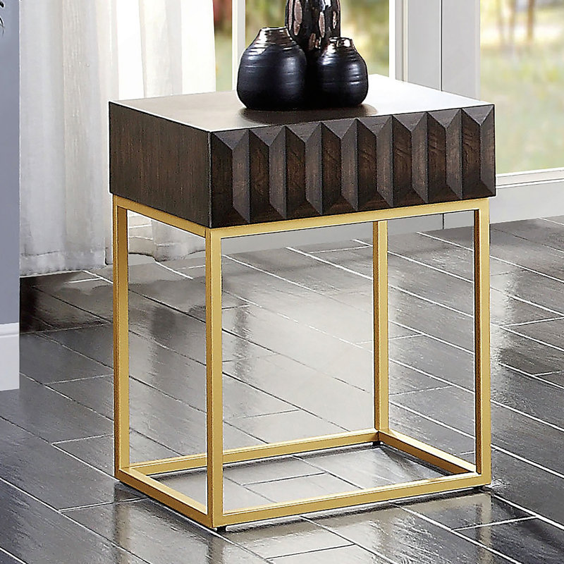 Table d'appoint de style contemporain avec tiroirs dissimulés, pieds en acier doré et finition noyer pour les espaces de vie modernes