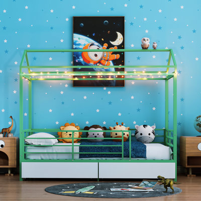 Lit simple moderne pour et, lit au sol à structure en métal, entrée à profil bas, barrière de sécurité pour dormir dans la chambre à coucher, aucun sommier tapissier requis, avec barrière de sécurité, confort de conception, requis