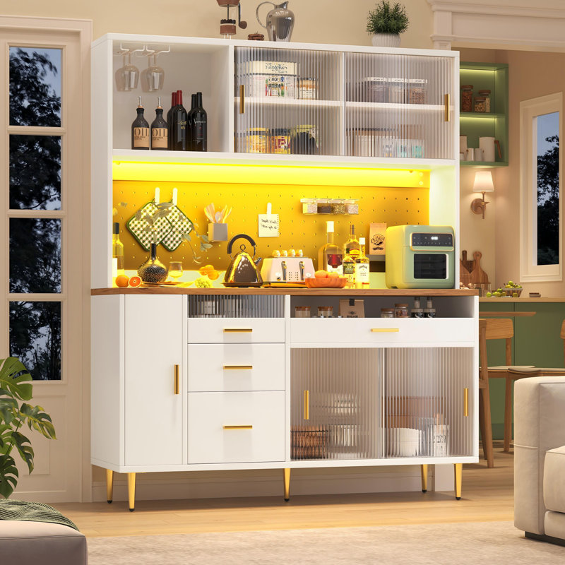 Kitchen Cabinet With Led, 5 Doors And 2 Drawers Black, White