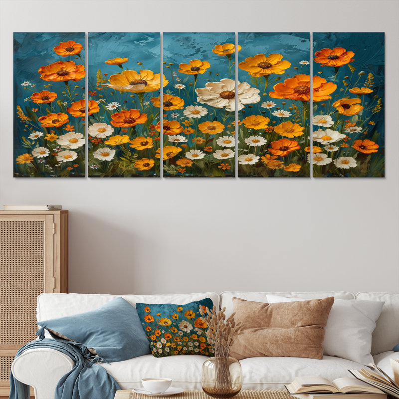 Jaune jaune blanc Summer Meadow Marigolds II - ensemble d'art sur toile souci, H 32 po x l 80 po