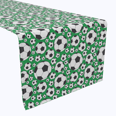 Table Runner, 100% Cotton, 16X108", Soccer Balls Green