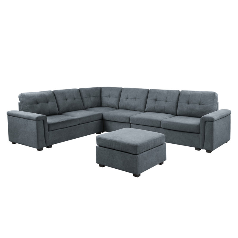 Isla 119" Gray Woven Fabric 7-Seater Sectional Sofa With Ottoman