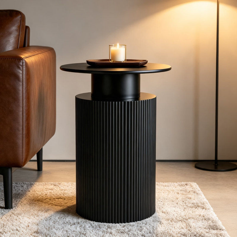 Table d'appoint cannelée avec rangement caché, table de bout ronde en bois réversible, table de chevet moderne Mid-Century pour chambre à coucher, salon, petits espaces, noir