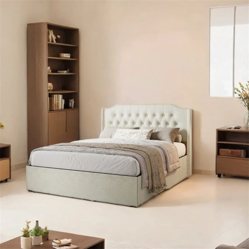 No-spring Queen Tufted Upholstered Bed Frame With Crystal Button Accents, Wingback Headboard And Underbed Storage, White