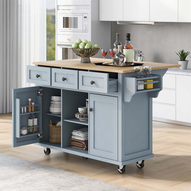 Chariot de cuisine polyvalent avec comptoir à abattants en bois d'hévéa, rangement spacieux et roulettes lisses pour les cuisines modernes