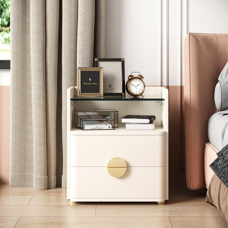 Table de chevet 2 tiroirs en beige, Blanc cassé, 2