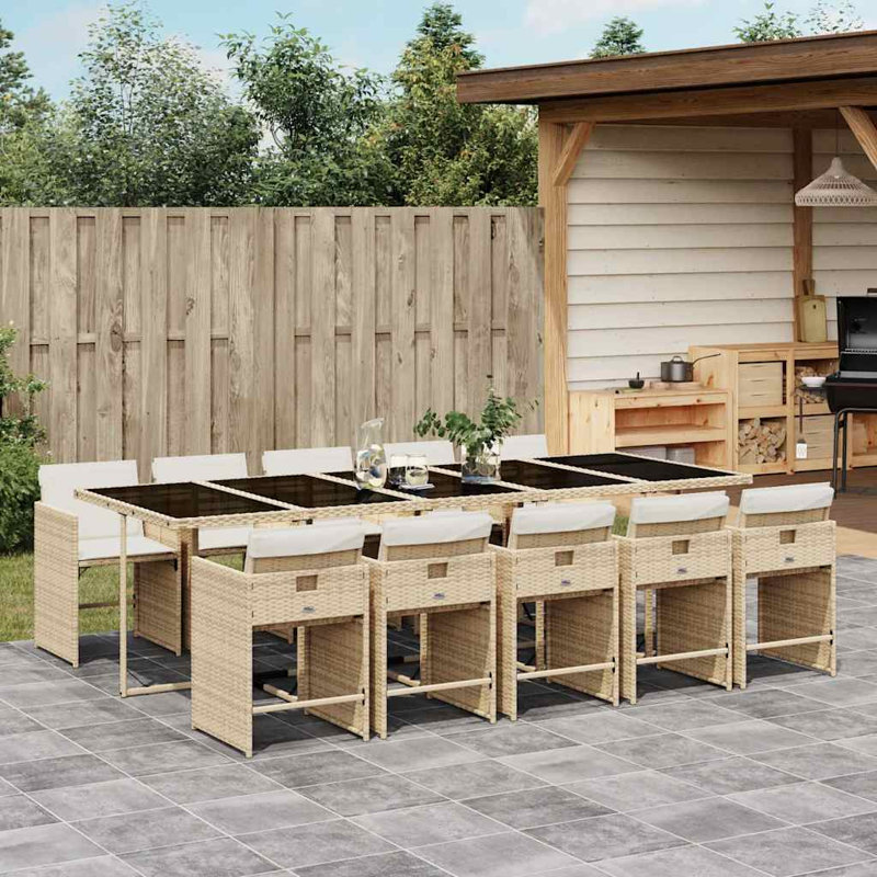  11 Piece Garden Dining Set with Cushions Poly Rattan, Cream White, Beige, 73cm H x 275cm W x 106cm D