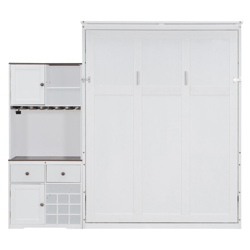 Grand lit escamotable avec armoire de rangement, support à vin, porte-verre, tiroirs et bande DEL multicolore, blanc (OLD SKU: LP000391AAK)