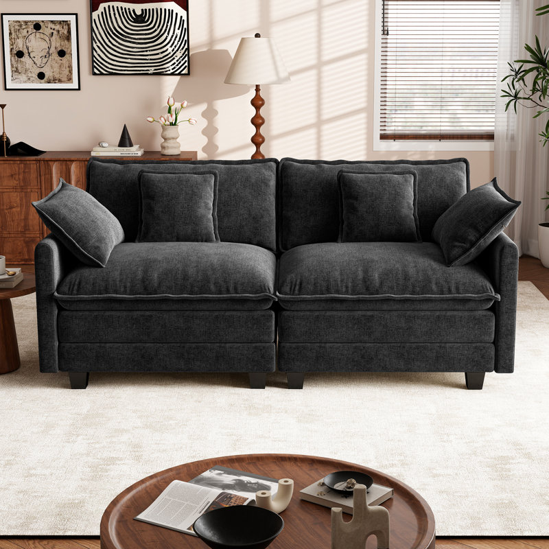 George 76.8" Chenille Modular Sectional Sofa, Black