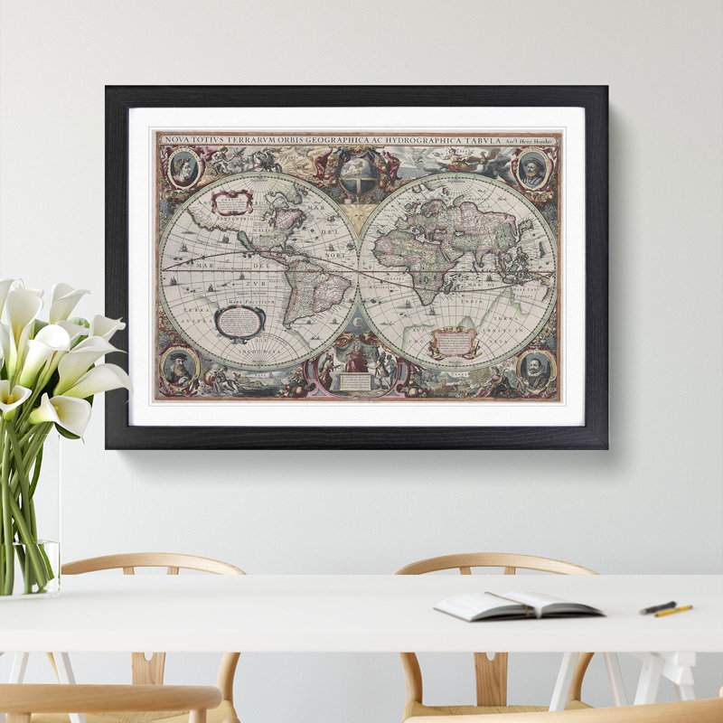 Vintage World Map Vol.2 by Henricus Hondius Ii - Picture Frame Painting, Black, 48cm H x 65cm W x 2cm D