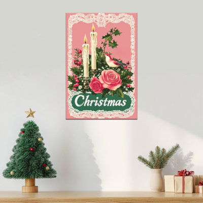 Grand Abiel Vintage, bougie, roses, houx, affiche rose, affiche de Noël, impression sur toile, peinture encadrée, œuvre d'art murale pour le salon, la chambre à coucher, 24 po x 36 po